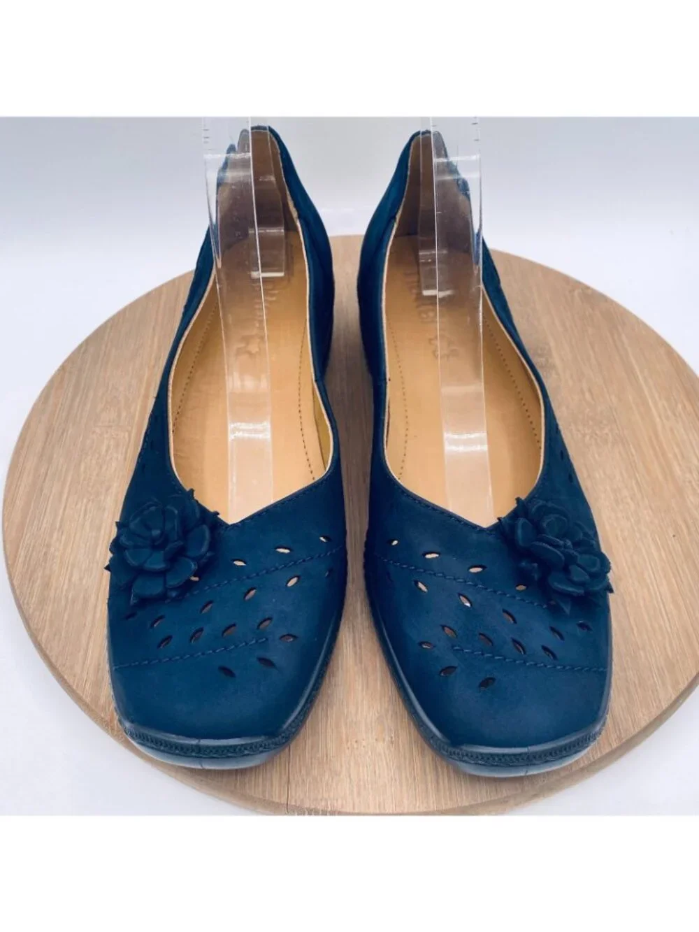 Hotter Shoes Womens 9.5 Blue Leather Slip On Comfort Perforated Flats Flower